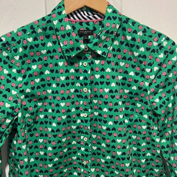 Talbots green lady bug hearts button down cotton long sleeve top size LP - Picture 3 of 8